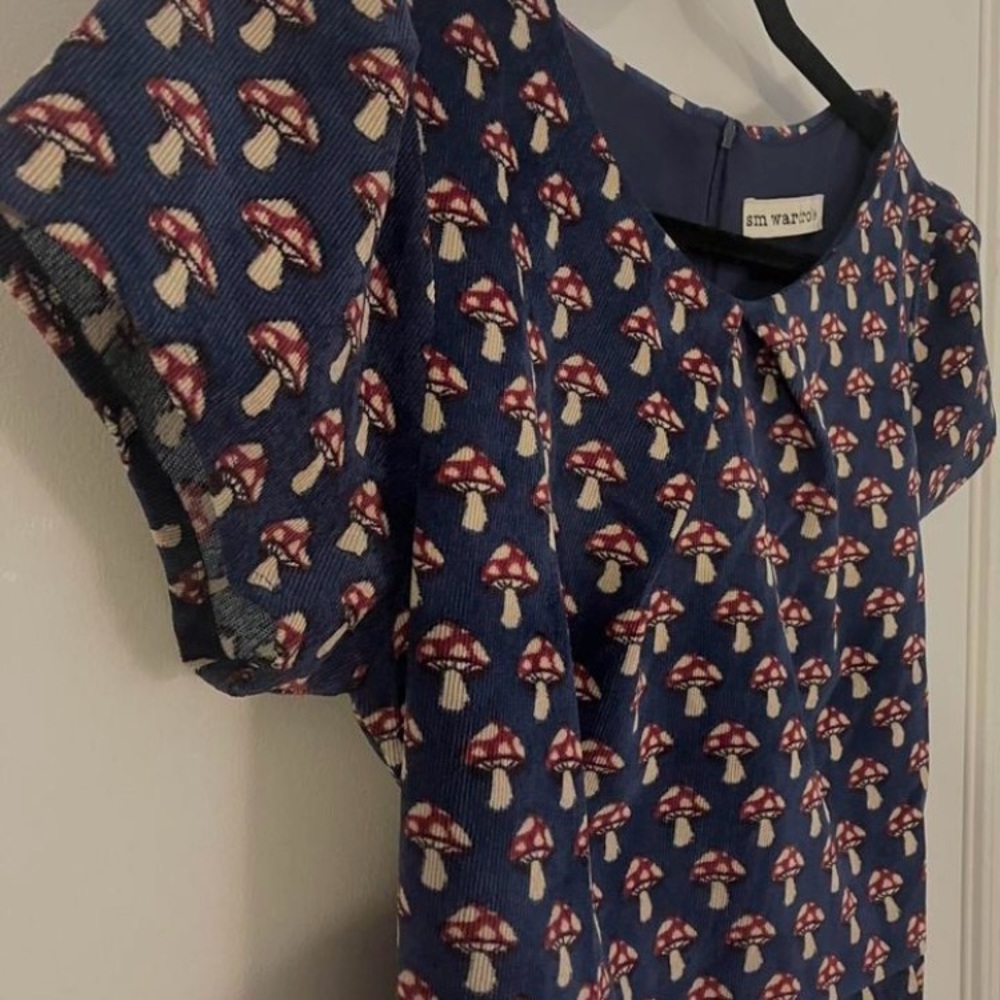 Vintage style navy blue and red mushroom print dress